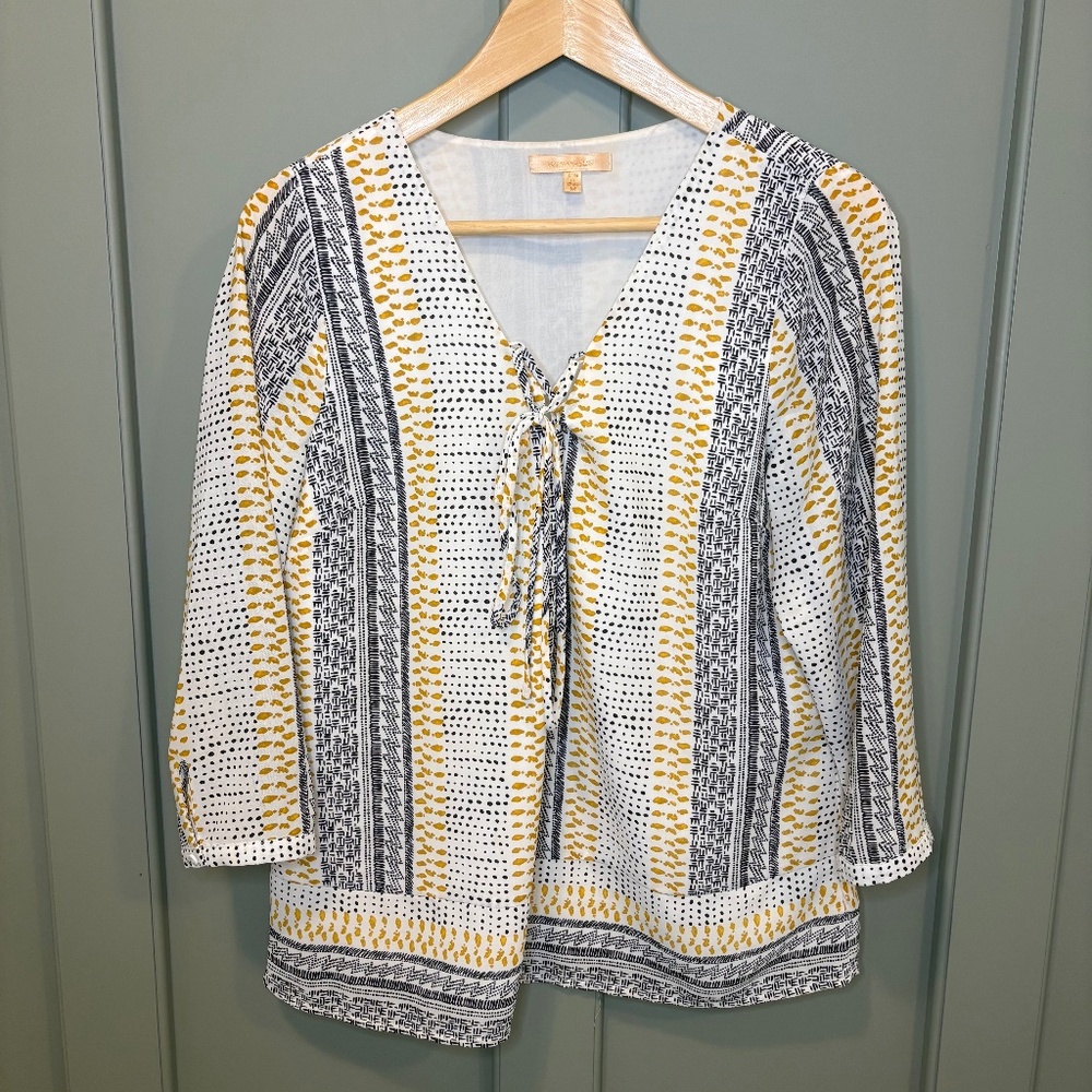 Skies are Blue Top Women's Medium Black White Gold Print 3/4 Sleeve Boho Peasant